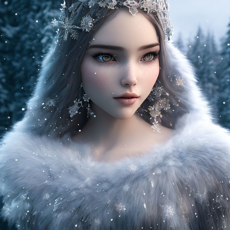 Digital artwork featuring woman with pale skin, dark hair, yellow eyes, crystal tiara, snowy backdrop