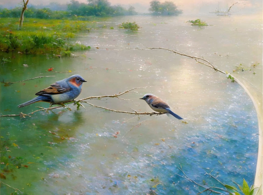 Birds perched on branch above tranquil pond in lush landscape