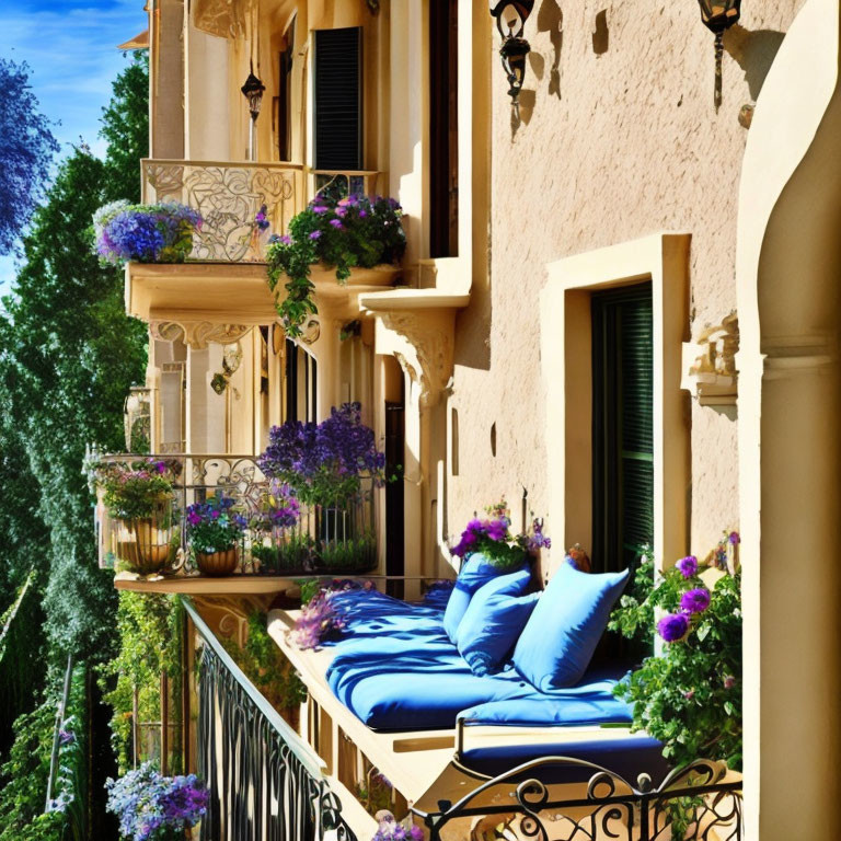 Balcony with Blue Cushions and Purple Flowers on Beige Building