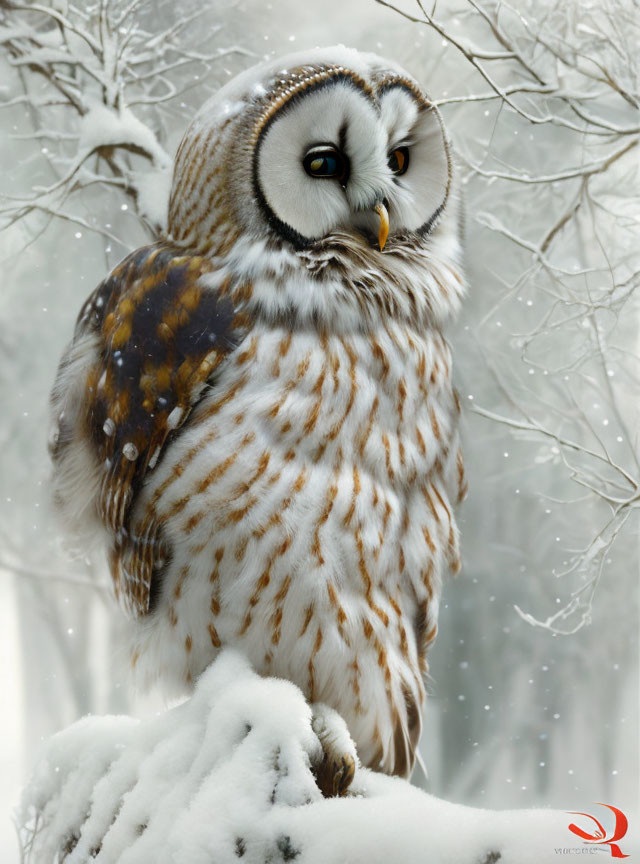 Snowy Owl Perched on Snow-Covered Branch in Winter Forest