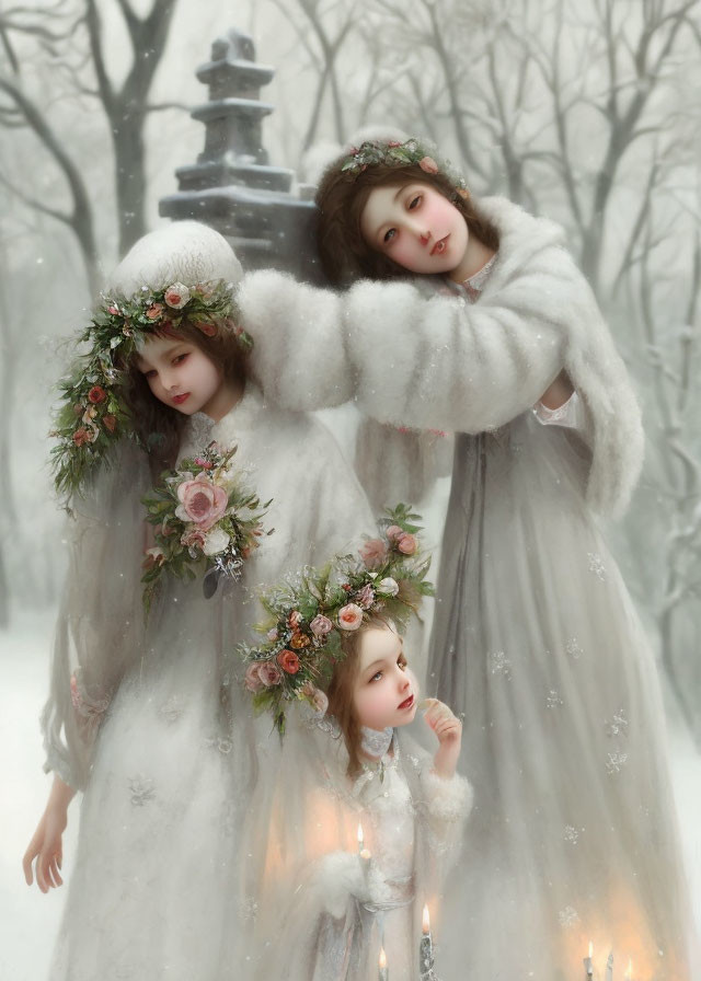 Three women in white dresses and floral crowns in a snowy setting with a lamp post