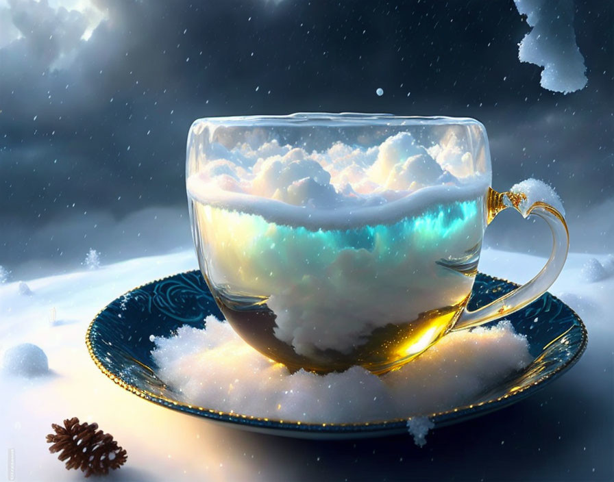 Transparent teacup with cloud-filled interior on saucer in snowy scene.