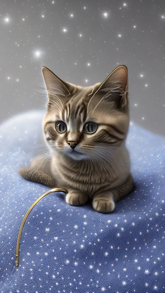 Tabby kitten on blue star-patterned surface with ribbon and starry backdrop