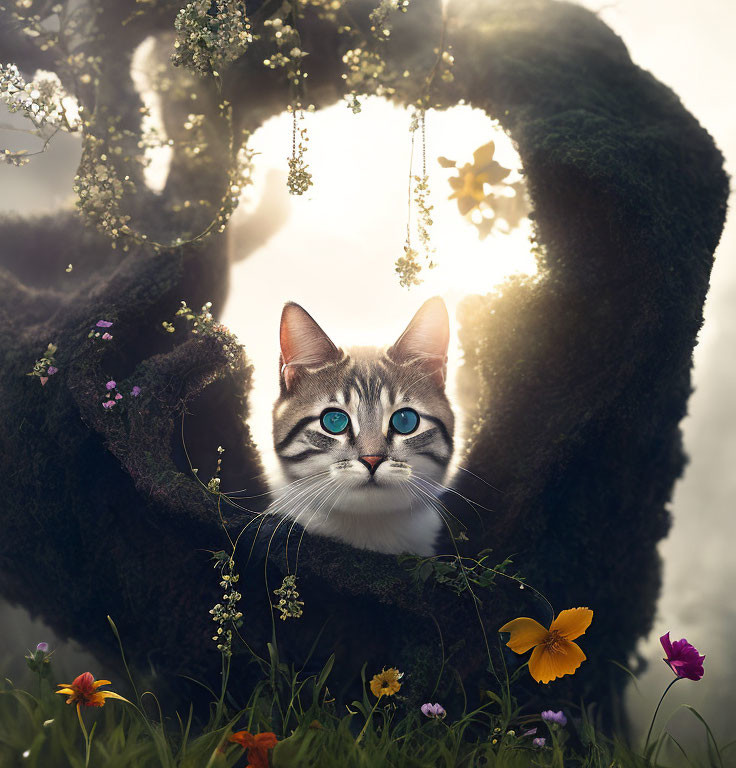 Blue-eyed cat peeking through heart-shaped hole in mossy tree amidst wildflowers