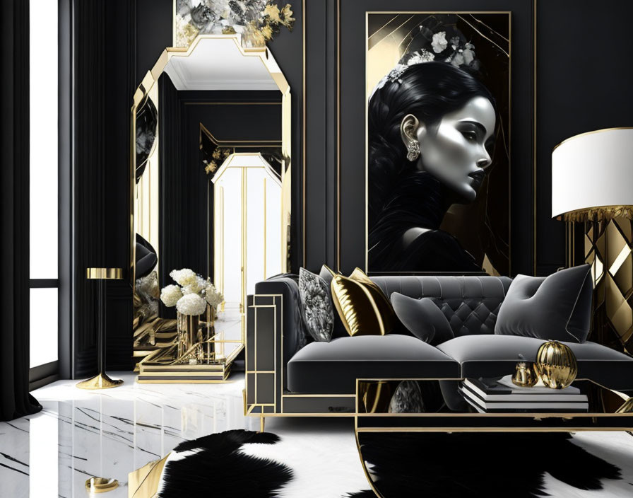 Luxurious Black and Gold Themed Living Room with Woman Portrait