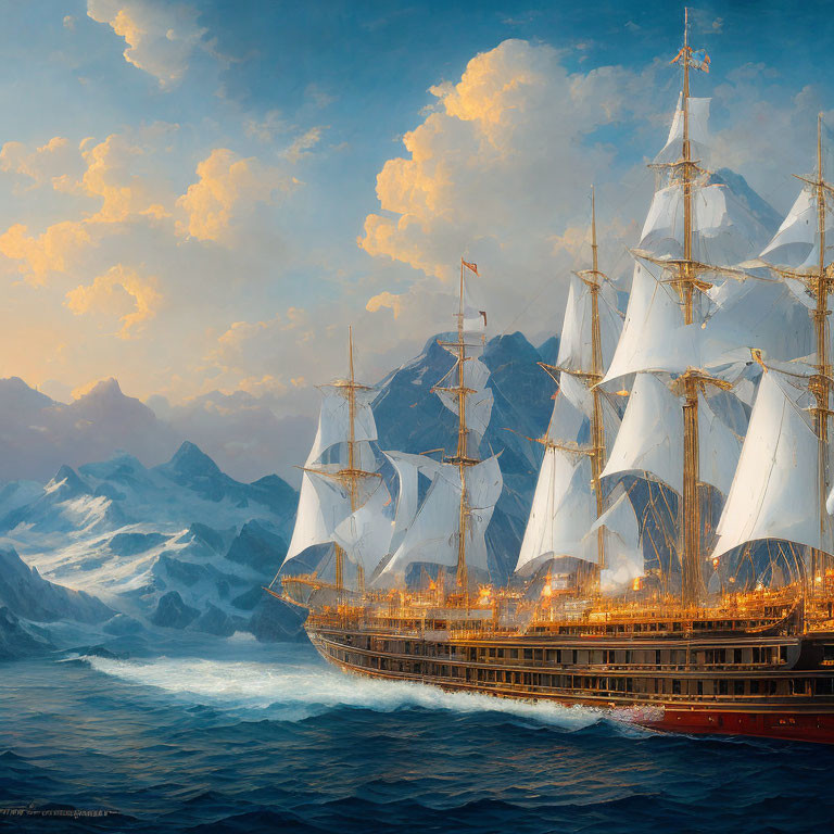 Sailing ship with white sails near snow-capped mountains