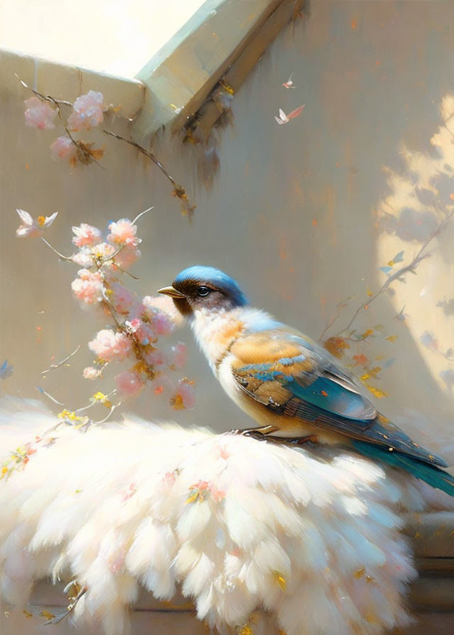 Colorful painting of blue jay on fluffy surface with cherry blossoms.