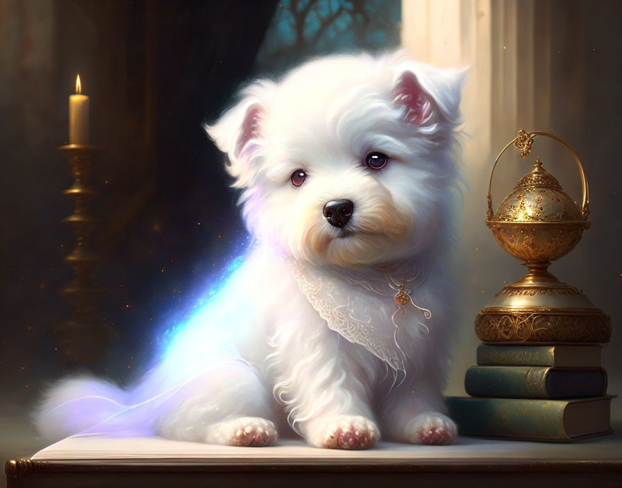 Fluffy white dog with golden egg and candlelight beside books