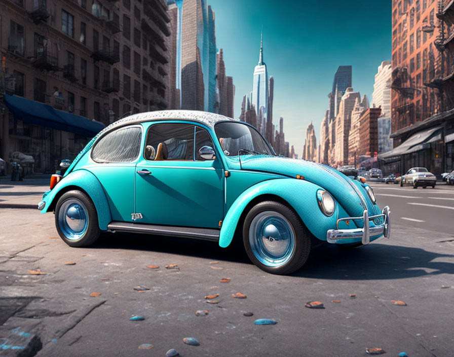 Turquoise Volkswagen Beetle parked on city street with tall buildings and clear blue skies