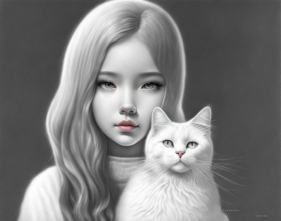 Monochrome illustration of girl with long wavy hair and white cat