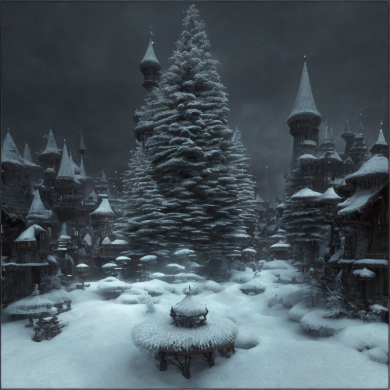 Snowy scene with large fir tree, traditional buildings, and spires under twilight sky