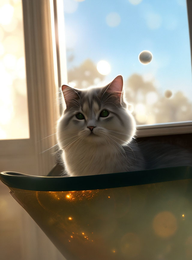 Fluffy cat in glowing bowl by window with sunlight and floating bubble