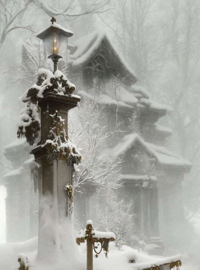 Snow-covered chapel with lantern and cross in wintry scene