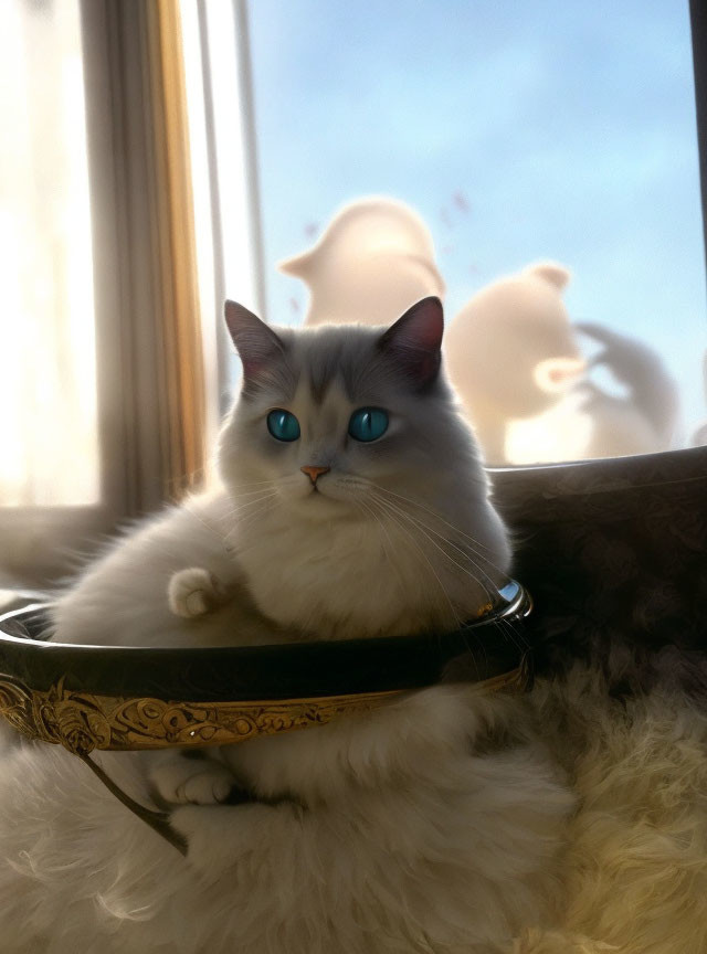 Fluffy white cat with blue eyes in golden bowl under sunlight