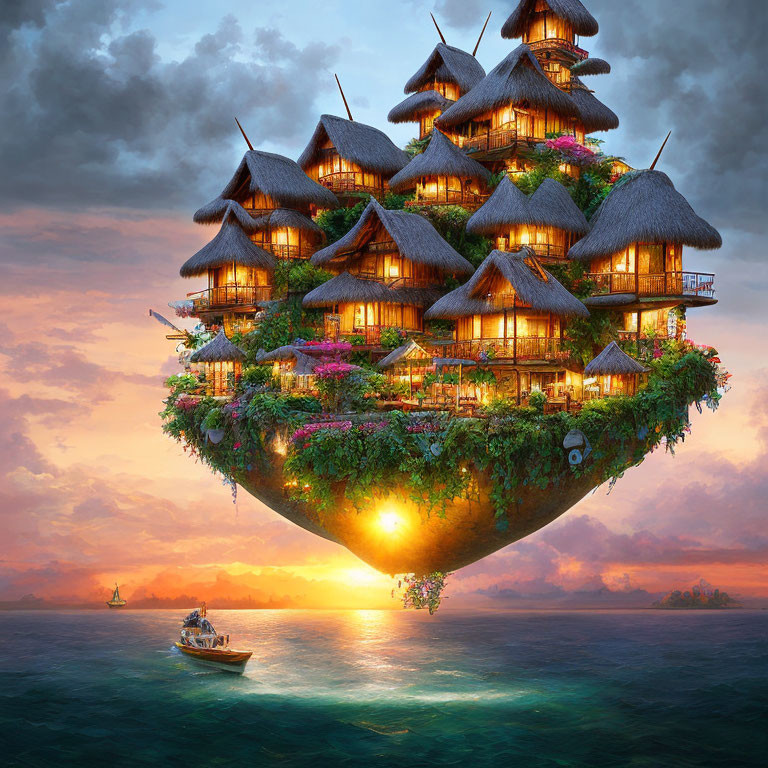 Fantastical multi-tiered treehouse village on floating island at sunset