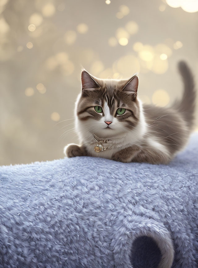 Tabby Cat with Green Eyes on Blue Fluffy Surface with Bokeh Lights