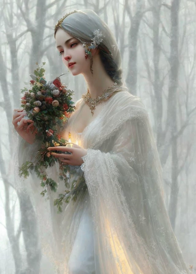 Elegant woman in white attire holding bouquet and candle in misty forest