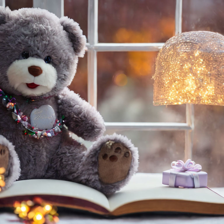 cute teddy bear sitting on a book