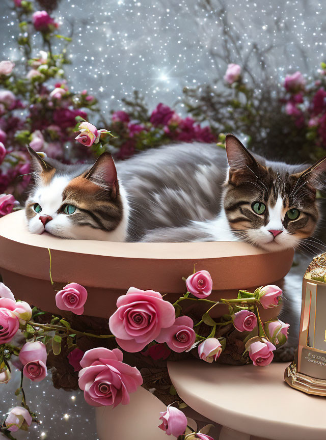 Two cats in pot with roses, starry backdrop, and gold lantern.