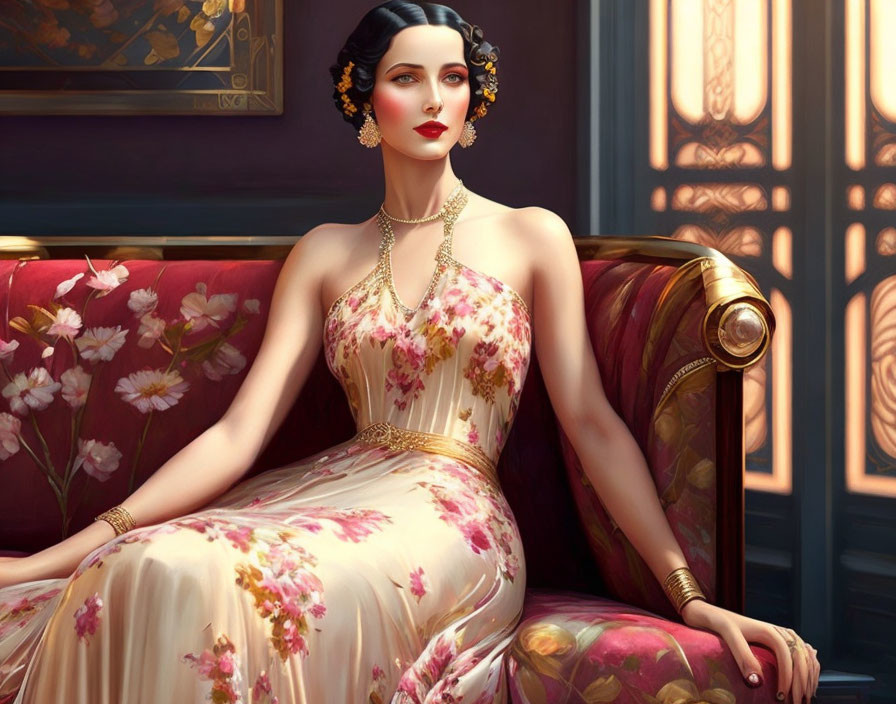 Dark-haired woman in formal attire on floral sofa in luxurious room