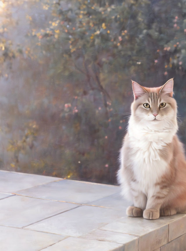 Serene cat with striking eyes on tiled floor and dreamy backdrop