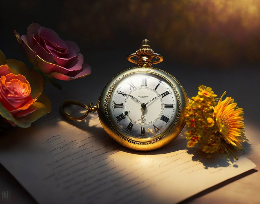 Vintage pocket watch with flowers and letter in warm light