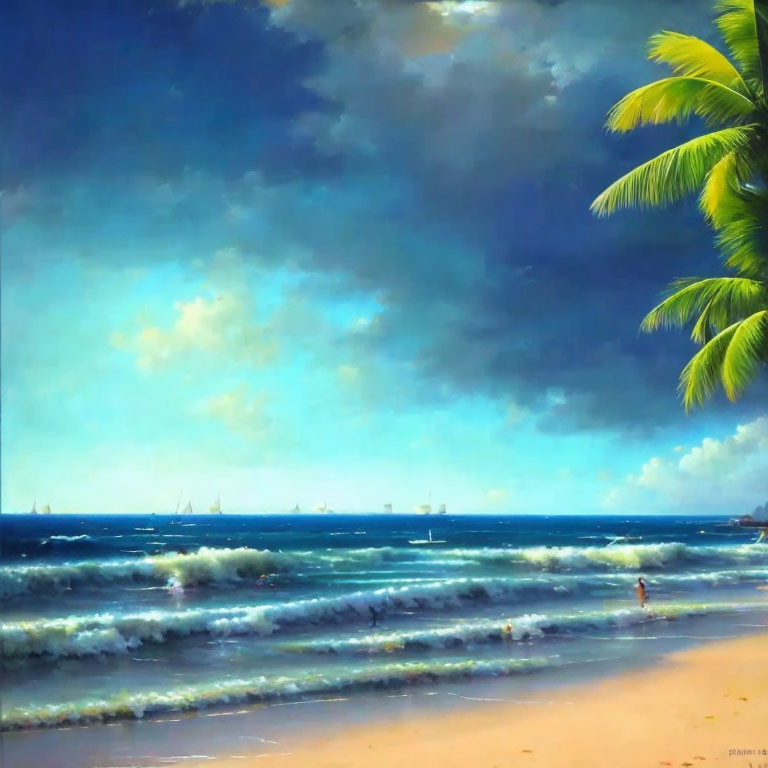 Tropical beach painting with palm trees, sailboats, child, and cloudy sky