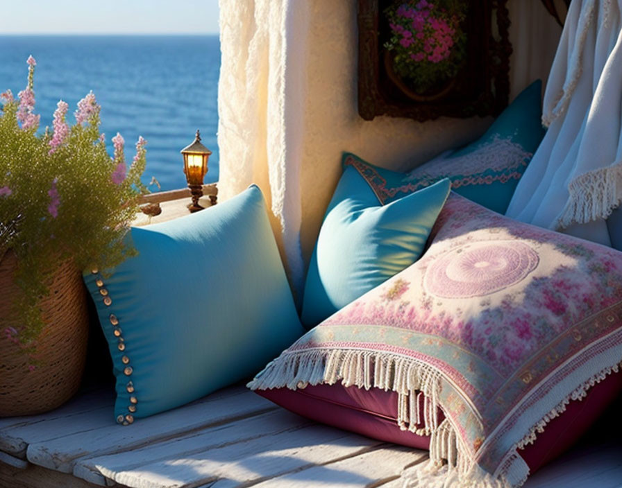 Seaside outdoor nook with blue and pink cushions, hanging lantern, and lavender pot
