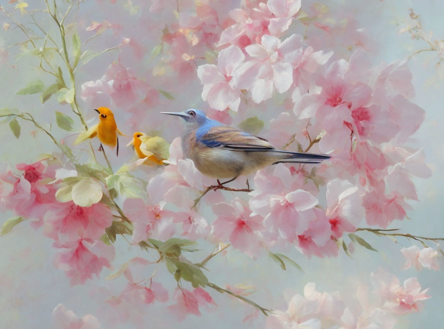 Three colorful birds surrounded by pink blossoms on a blue background