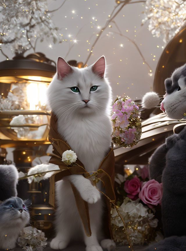 White Cat with Golden Ribbon and Hydrangea Surrounded by Cats and Flowers