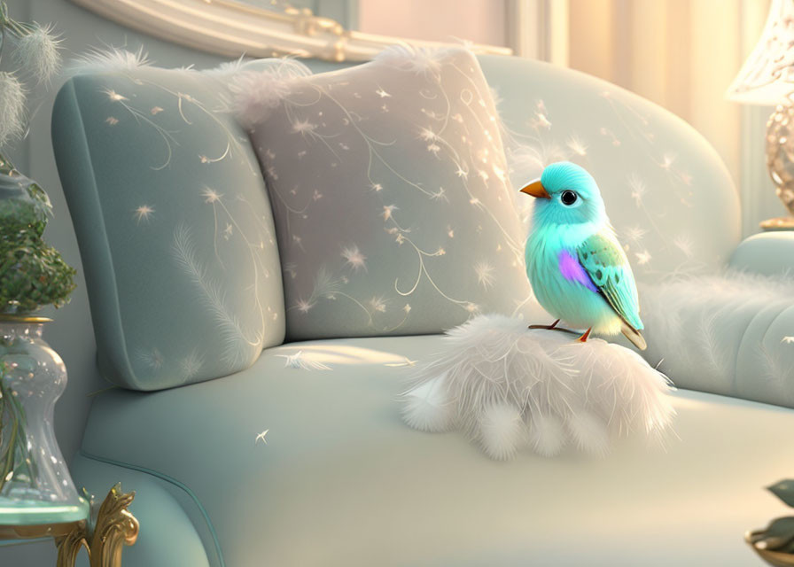 Blue Cartoon Bird on Elegant Sofa in Luxurious Interior