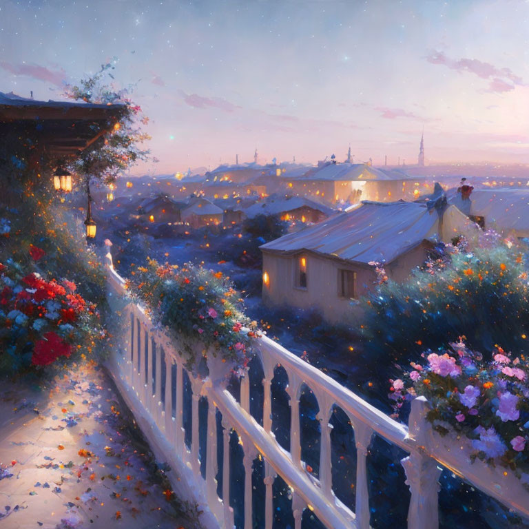 Picturesque village at twilight with blooming flowers and warm glow from quaint houses