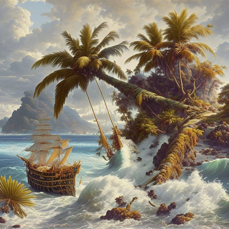 Vintage ship sailing near tropical coastline with palm trees and crashing waves.