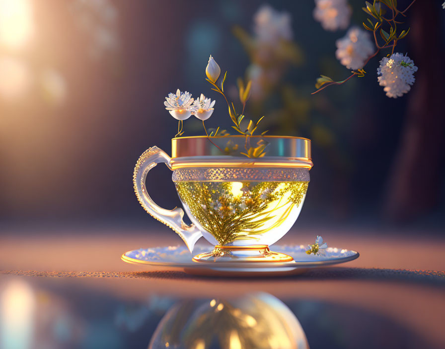 Translucent golden teacup with floral patterns, glowing liquid, and blooming twig on reflective surface