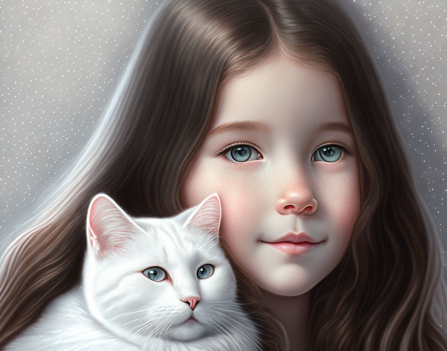 Digital painting of young girl with blue eyes and brown hair next to white cat under starry sky