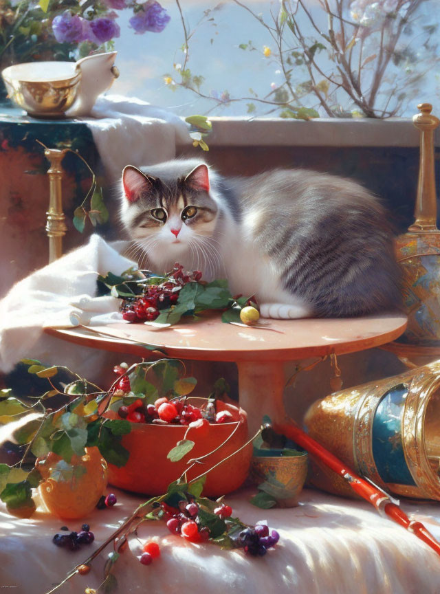 Grey and white cat sitting elegantly among fruit and porcelain on a table