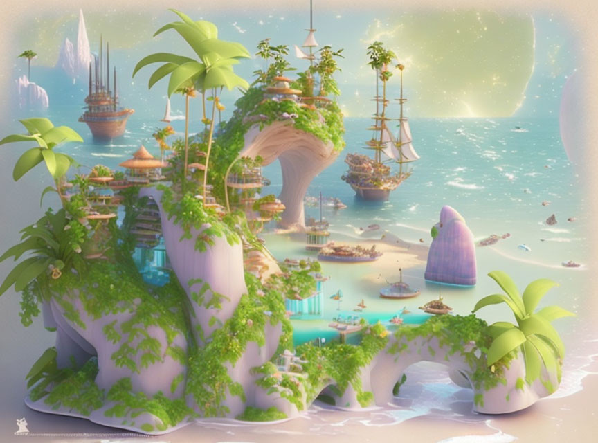 Fantastical Pastel Landscape with Floating Islands and Ship