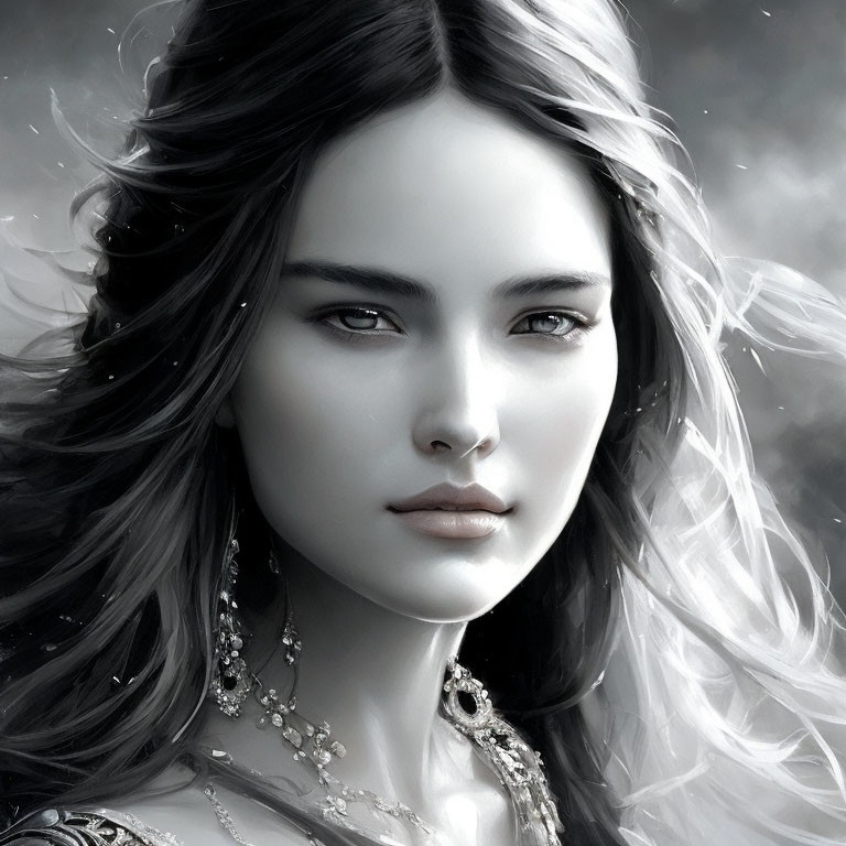 Monochromatic digital portrait of young woman with flowing hair and elegant jewelry