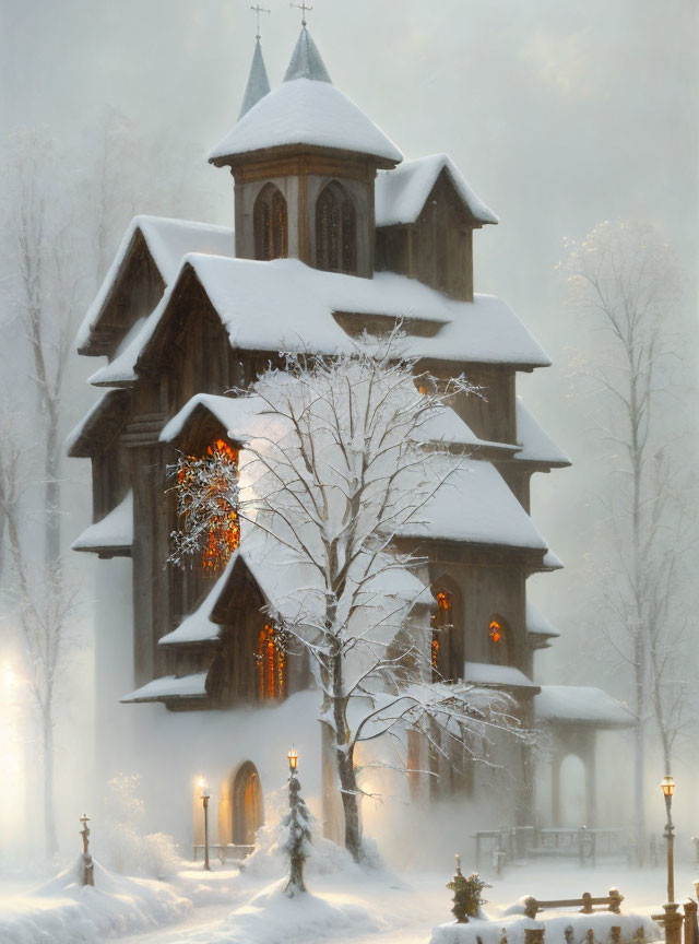 Snowy winter landscape with wooden building and bell tower in serene scene