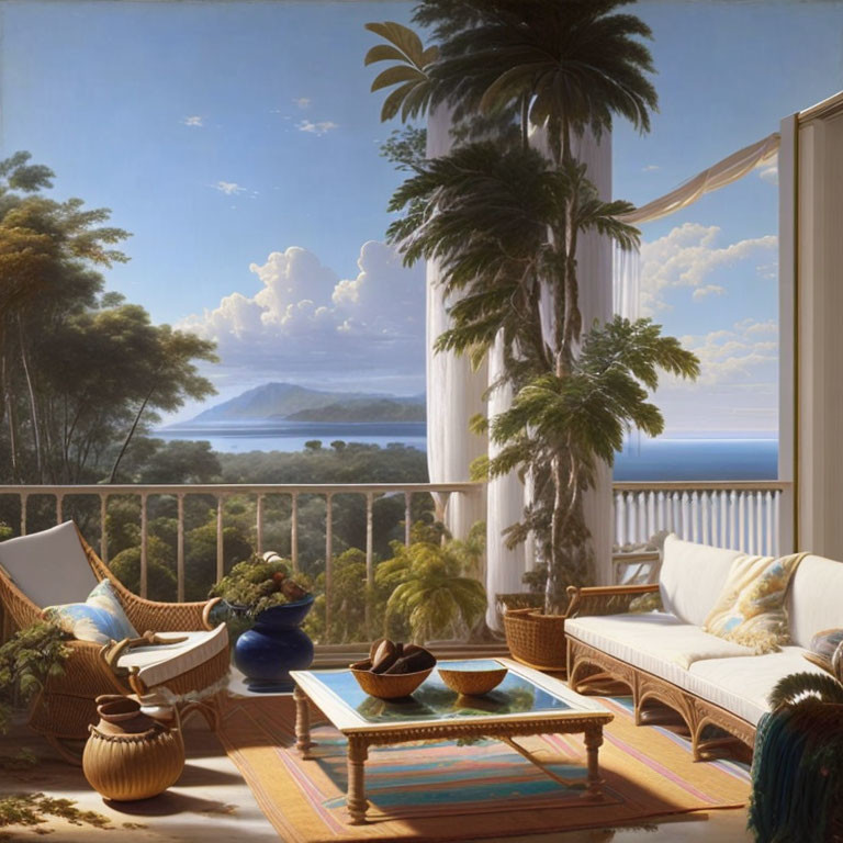 Tropical landscape balcony view with sea, mountains, blue sky, elegant furniture & plants