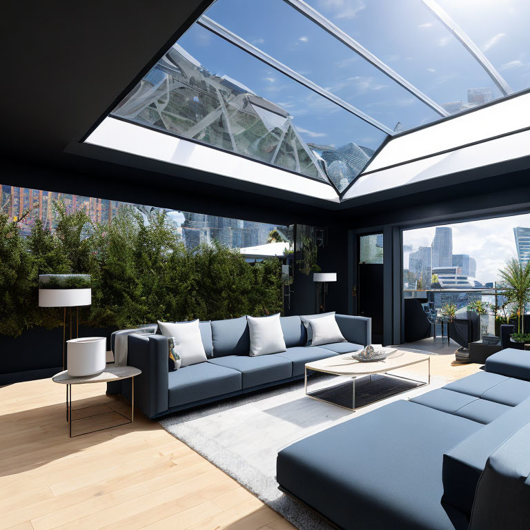 Spacious modern living room with large windows, dark blue furniture, wood flooring, and urban skyline view