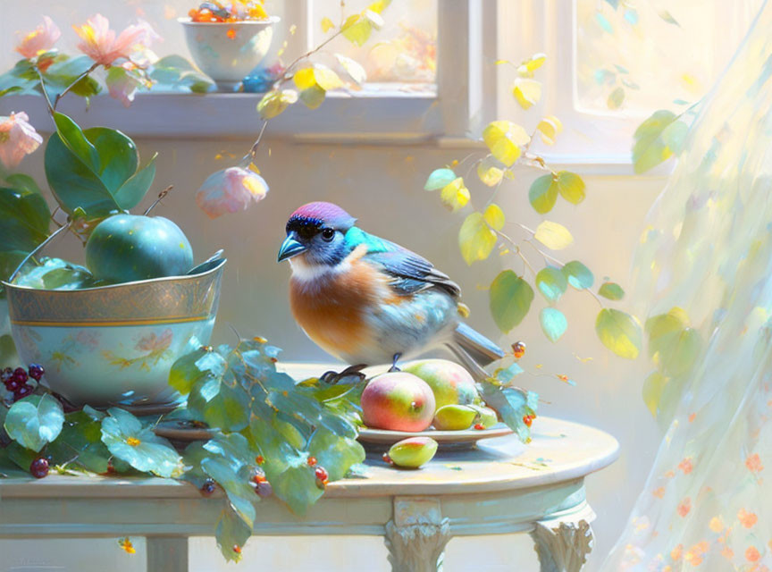 Colorful bird on table with apples, berries, and flowers in serene setting