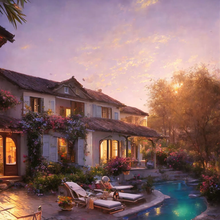 Tranquil sunset scene at a lush garden villa