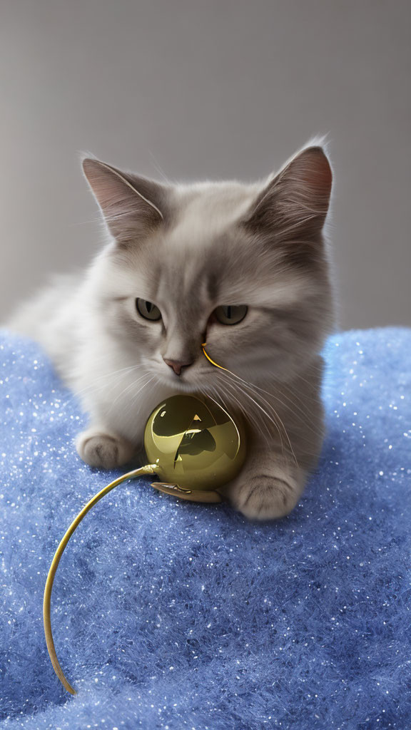 Fluffy White Cat with Bell Toy on Blue Textured Surface