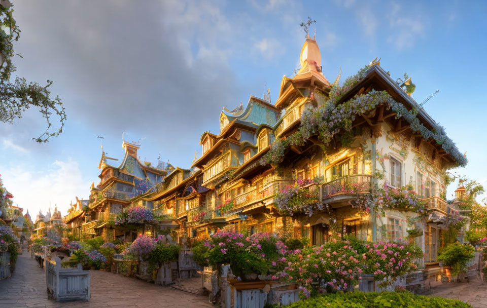 Decorative multi-storied buildings with blooming flower balconies under a sunny sky