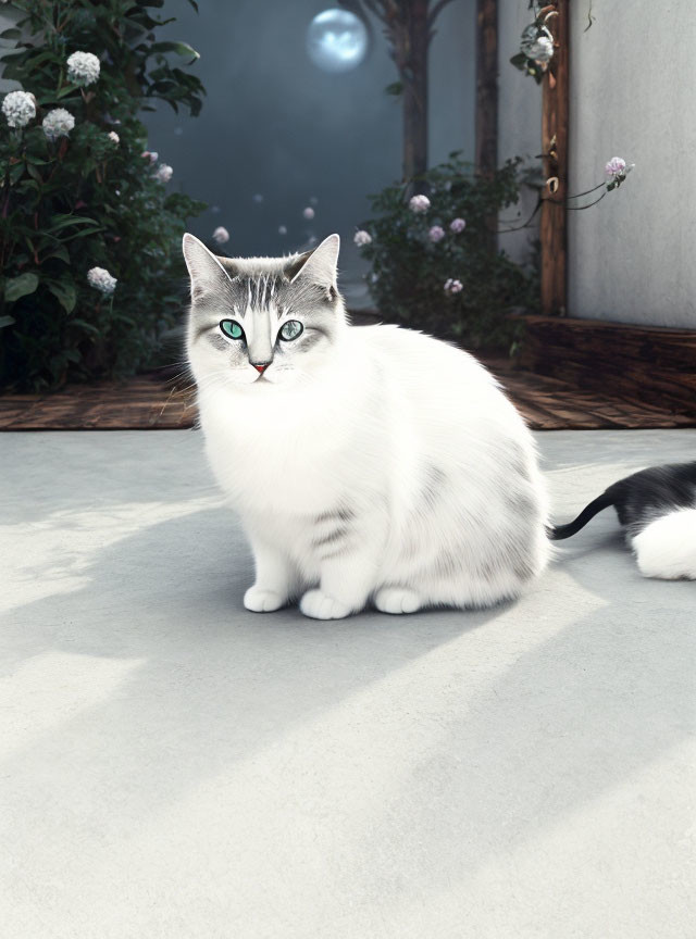 White and Grey Cat with Blue Eyes on Concrete Surface with Plants and Floating Bubble