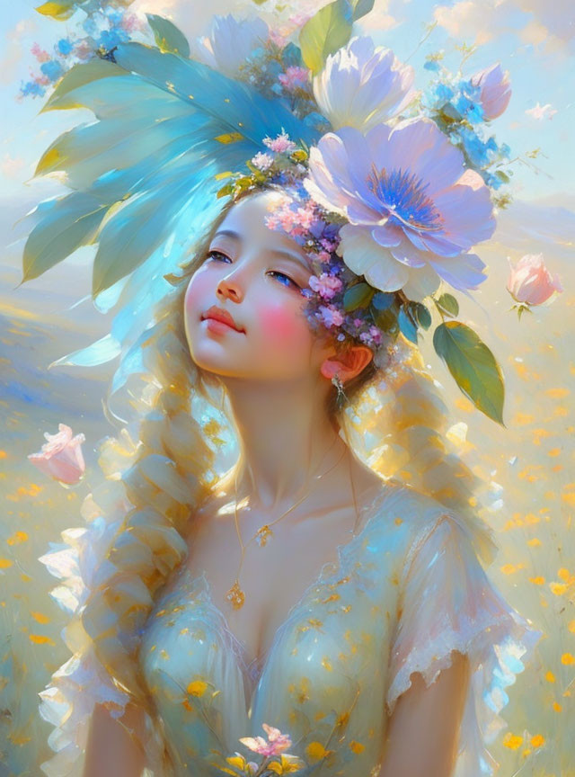 Ethereal woman with floral crown in soft pastel tones