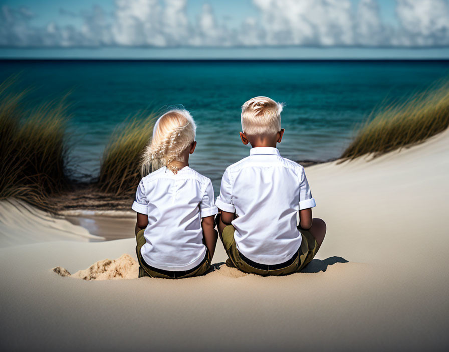 Children sitting on sand dune by the sea