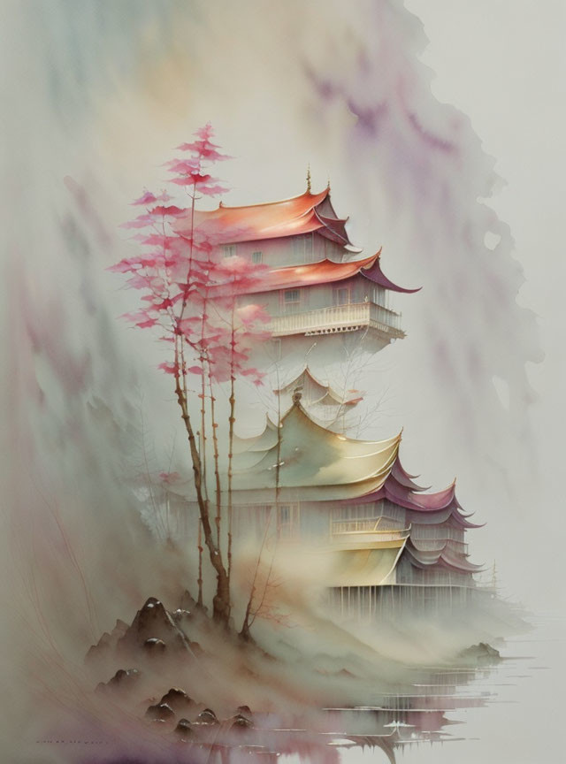Traditional Asian-style pagoda in misty landscape with pink trees and water reflections