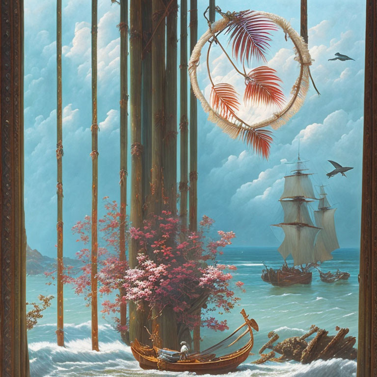 Surreal seascape with bamboo frame, ship, boat, cherry trees, heart wreath,